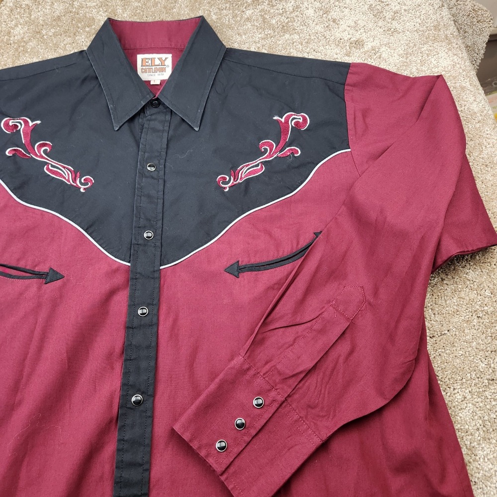Ely Cattleman Mens Western Snap Shirt Burgundy Black Embroidered Large